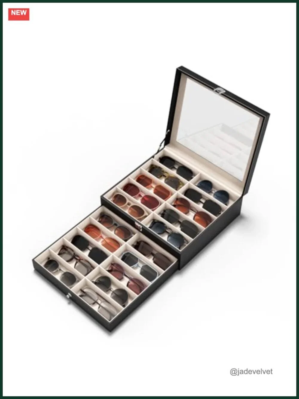 Large 20 Slot Sunglasses Organizer Box - PU Leather & Velvet